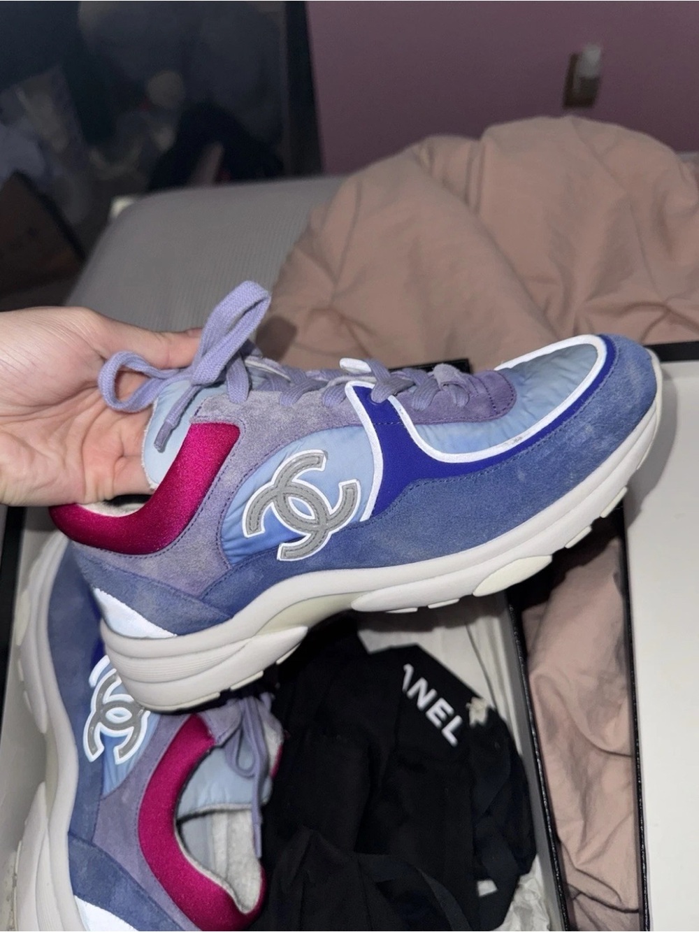 CHANEL Lavender and Fuchsia Suede Low-Top Sneakers